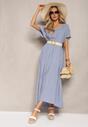 Niebieska Rozkloszowana Sukienka Maxi z Bawełny z Trójkątnym Dekoltem Nastal
