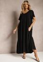 Czarna Rozkloszowana Sukienka Maxi z Bawełny z Trójkątnym Dekoltem Nastal