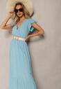 Jasnoniebieska Rozkloszowana Sukienka Maxi z Bawełny o Kopertowym Kroju Asmerie