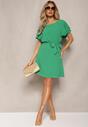 Zielona Rozkloszowana Sukienka Mini z Materiałowym Paskiem i Falbanami na Rękawach Relyam