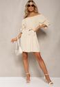 Beżowa Sukienka Mini o Trapezowym Fasonie z Bufiastymi Marszczonymi Rękawami Kailith