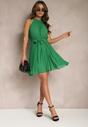 Zielona Rozkloszowana Sukienka z Plisami i Zapięciem przy Karku Mini Dodatkowo Pasek Asmeriema
