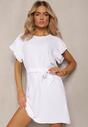 Biała Mini Sukienka Rozkloszowana ze Zdobionym Rękawem i Materiałowym Paskiem Ajemia