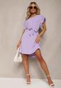Fioletowa Mini Sukienka Rozkloszowana ze Zdobionym Rękawem i Materiałowym Paskiem Ajemia