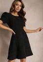 Czarna Rozkloszowana Sukienka Mini z Lekko Bufiastymi Rękawkami Merridia