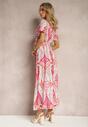 Różowo-Biała Rozkloszowana Sukienka o Kopertowym Fasonie z Paskiem i Ozdobnym Wzorem Briarwin