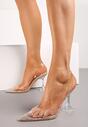 Beżowe Sandały z Transparentną Cholewką Ozdobioną Cyrkoniami na Geometrycznym Obcasie Cedrella