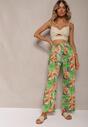 Pantaloni Verde-Portocalii din Viscoză cu Picior Larg Ornați cu Model de Frunze Exotice Filea
