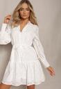 Biała Bawełniana Sukienka Rozkloszowana z Paskiem w Talii i Ażurowymi Rękawami Lurionna