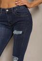 Granatowe Skinny Jeansy z Bawełny Ozdobione Napisami i Przetarciami Annaca