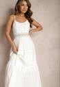 Biała Sukienka Maxi na Cienkich Ramiączkach z Ażurową Wstawką w Talii Grania