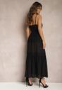 Czarna Sukienka Maxi na Cienkich Ramiączkach z Ażurową Wstawką w Talii Grania