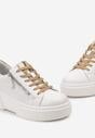 Biało-Złote Skórzane Sneakersy na Platformie z Ozdobnym Suwakiem z Boku Leomiana