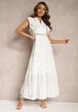 Biała Rozkloszowana Sukienka Maxi z Falbankami i Ażurowymi Zdobieniami Anachie