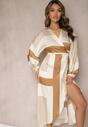 Beżowa Kopertowa Sukienka Kimono Wiązana w Talii Ozdobiona Geometrycznym Wzorem Erostta