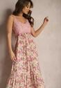 Różowa Rozkloszowana Sukienka Maxi z Wiskozy w Kwiatowy Print na Ramiączkach Roisintia