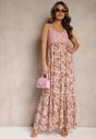 Różowa Rozkloszowana Sukienka Maxi z Wiskozy w Kwiatowy Print na Ramiączkach Roisintia