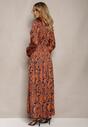 Brązowa Rozkloszowana Sukienka z Gumką w Talii i Plisami z Ornamentalnym Printem Juvana