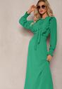 Zielona Maxi Sukienka Rozkloszowana z Falbankami i Wiązaniem przy Dekolcie Pallam