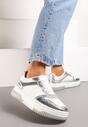 Srebrno-Białe Sneakersy na Niskiej Platformie z Ozdobnymi Przeszyciami Huviena