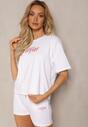 Biały Bawełniany Komplet Letni T-shirt z Szortami Ozdobione Napisami Amaila