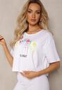 Biały Bawełniany T-shirt Crop Top z Ozdobną Aplikacją Axindra