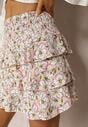 Beżowa Mini Spódnica w Kwiaty z Falbankami Norfila