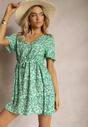 Zielona Wiskozowa Sukienka ze Sznureczkiem w Talii z Krótkimi Rękawami i Mozaikowym Printem Travei