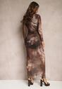 Brązowa Siateczkowa Sukienka Bodycon w Marmurkowy Wzór z Rozcięciem na Dole Valerimes