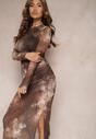 Brązowa Siateczkowa Sukienka Bodycon w Marmurkowy Wzór z Rozcięciem na Dole Valerimes