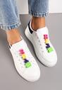 Biało-Czarne Sneakersy na Niskiej Platformie z Kolorowymi Aplikacjami na Sznurówkach Lasteria