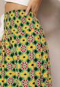 Żółto-Zielone Szerokie Spodnie Culottes z Bawełnianej Tkaniny w Mozaikowy Wzór Miratte