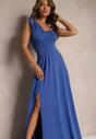 Rochie bleumarin cloș asimetrică cu crăpătură adâncă
