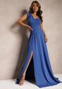 Rochie bleumarin cloș asimetrică cu crăpătură adâncă