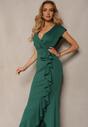 Zielona Elegancka Sukienka Długa o Asymetrycznym Fasonie z Dekoltem w V i Falbaną Efimea