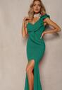 Zielona Elegancka Asymetryczna Sukienka z Falbanką i Rozcięciem na Nogę Adnelia