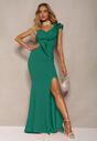 Zielona Elegancka Asymetryczna Sukienka z Falbanką i Rozcięciem na Nogę Adnelia