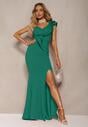 Rochie Verde Elegantă Asimetrică cu Volan și Șliț pe Picior Adnelia