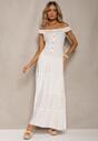 Biała Letnia Sukienka z Hiszpańskim Dekoltem z Bawełnianej Tkaniny Gereleena