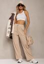 Pantaloni bej High Waist cu Croi Larg și Lanț la Talie Ustar