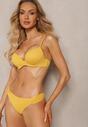 Żółte Dwuczęściowe Bikini Biustonosz z Plecionym Przodem na Regulowanych Ramiączkach Majtki Figi Ozdobiony Metaliczną Nicią Karetes