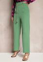 Zielone Eleganckie Spodnie z Rozszerzanymi Nogawkami Wykończone Ozdobnym Łańcuszkiem w Pasie Hamophona