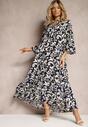 Granatowa Rozkloszowana Sukienka z Wiskozy w Ornamentalny Wzór Irlilena
