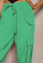 Zielone Spodnie o Fasonie Luźnych Bojówek High Waist z Wiszącymi Sznurkami Urselle