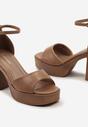Ciemnobeżowe Sandały z Imitacji Skóry na Słupku i Platformie z Regulowanym Paskiem Telliamay