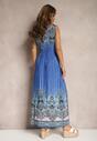 Niebieska Rozkloszowana Sukienka z Trójkątnym Dekoltem i Ściągaczami w Ramionach Aneapmia