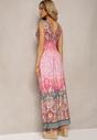 Jasnoróżowa Sukienka z Mozaikowym Wzorem Boho Gumką w Pasie i Sznurkami na Ramionach Ainervea