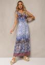 Niebieska Sukienka z Mozaikowym Wzorem Boho Gumką w Pasie i Sznurkami na Ramionach Ainervea