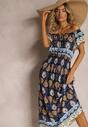 Granatowa Sukienka na Lato z Bawełny z Modelującą Gumką w Talii Deorna