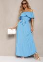 Niebieska Hiszapanka Sukienka o Rozkloszowanym Fasonie z Falbanką Naviara